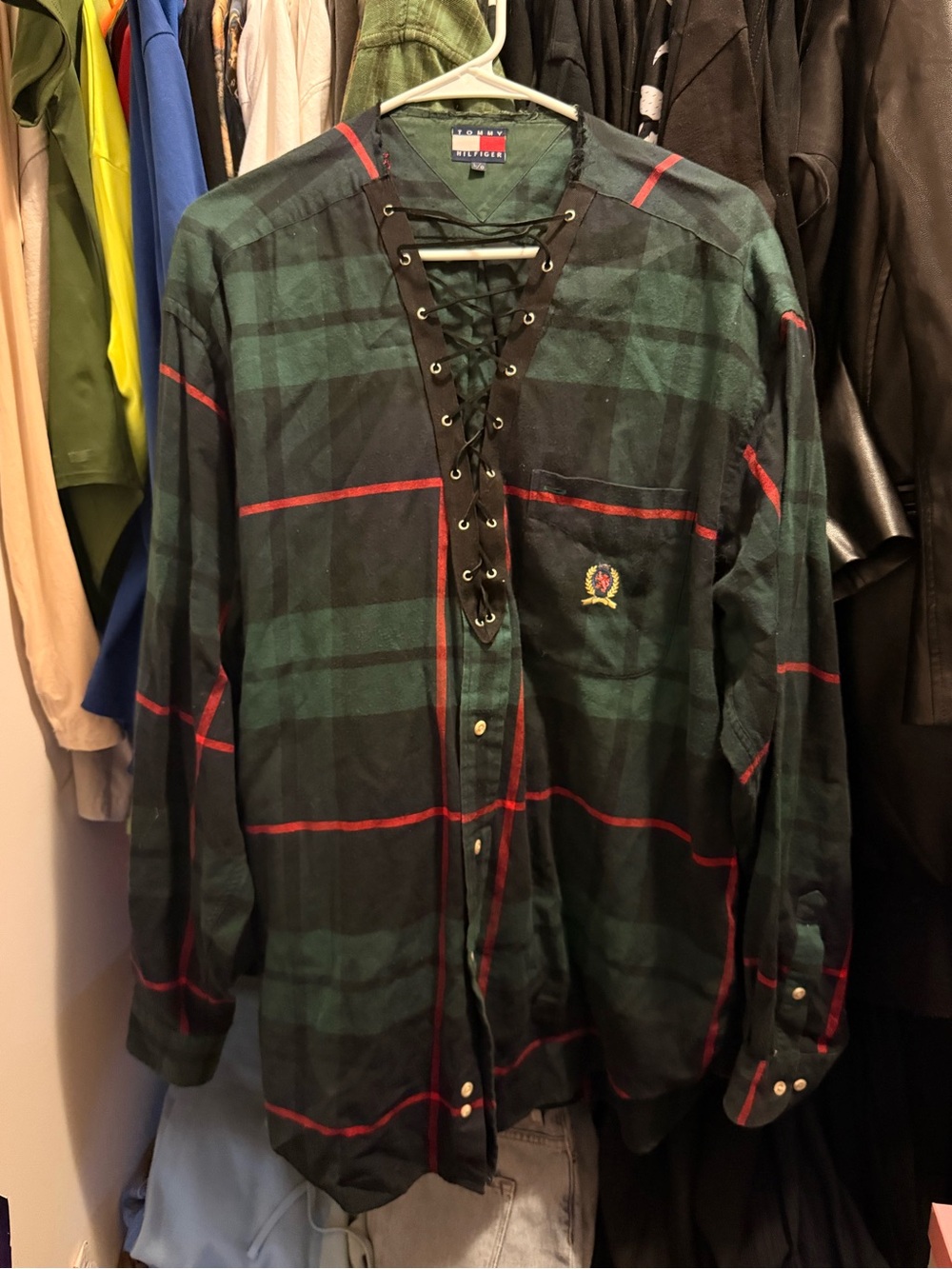 Tommy Hilfiger Green & Black Plaid Lace-Up Flannel Shirt